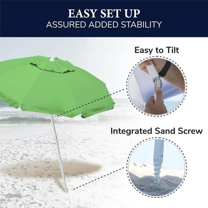 Beach Umbrella, Portable and Adjustable Tilt Sun Umbrella with UV Protection, Vented Canopy, Sand Screw Anchor