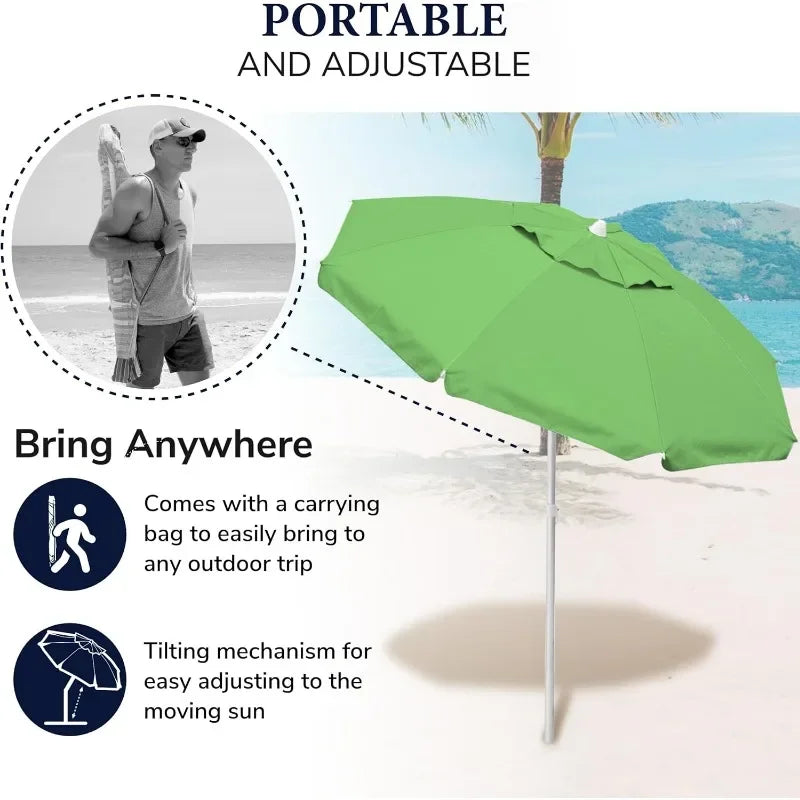 Beach Umbrella, Portable and Adjustable Tilt Sun Umbrella with UV Protection, Vented Canopy, Sand Screw Anchor