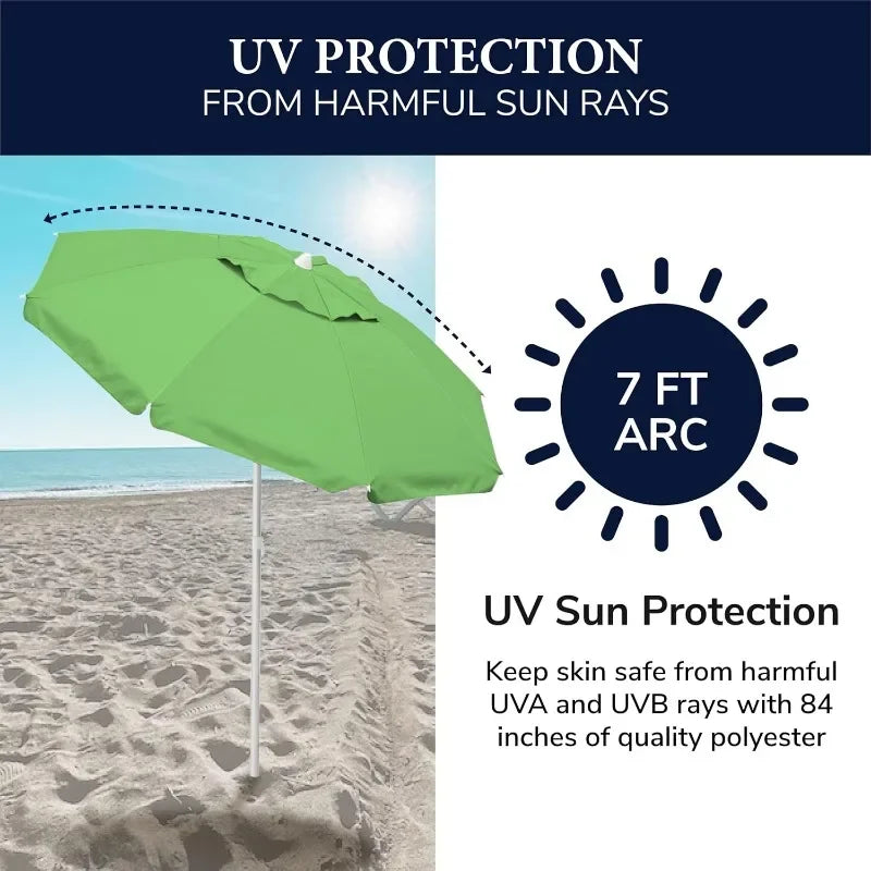 Beach Umbrella, Portable and Adjustable Tilt Sun Umbrella with UV Protection, Vented Canopy, Sand Screw Anchor